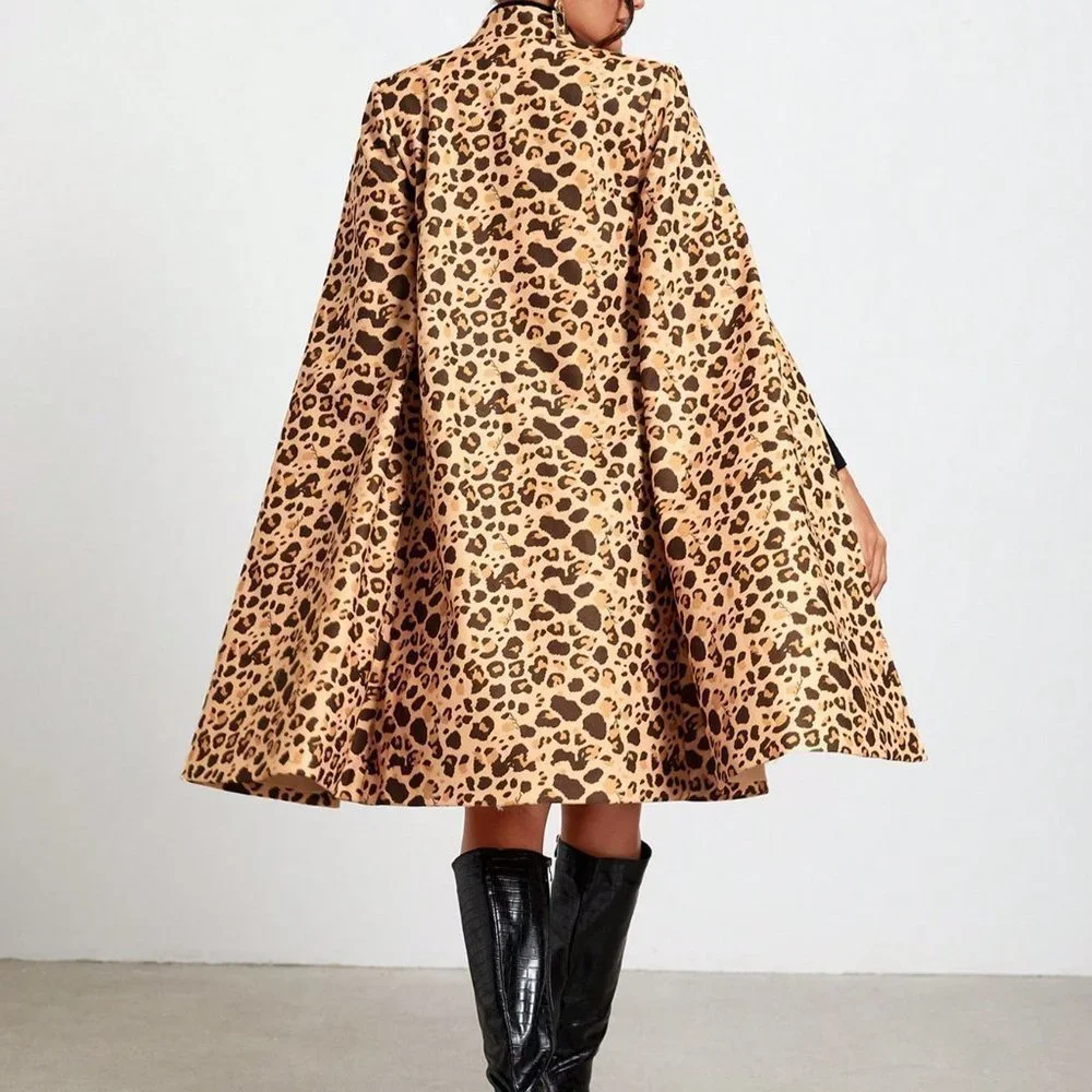 Multicolor Preppy Womens Leopard Print Cloak Sleeve Open Front Cape Coat - Picture 2 of 5